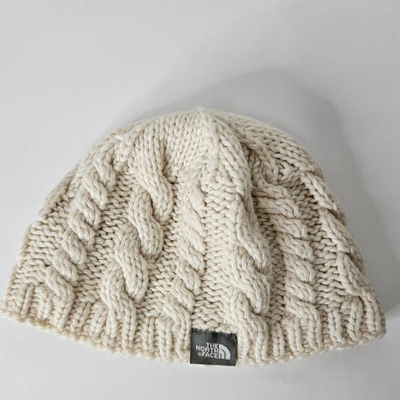 The North Face Beanie Womens O/S Ivory Wool Blend Cable Knit Fleece - Picture 1 of 2